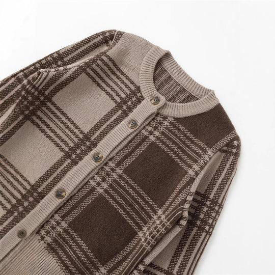 Damen Karierte Strickjacke mit Knopfverschluss und gerafften Ärmeln R&B
