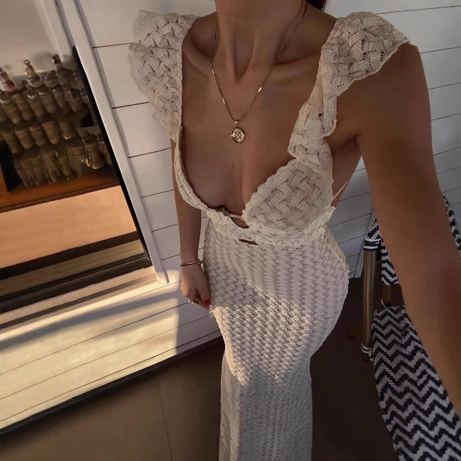 Damen Elegantes Maxikleid mit raffinierten Rüschendetails und tiefem V-Ausschnitt R&B