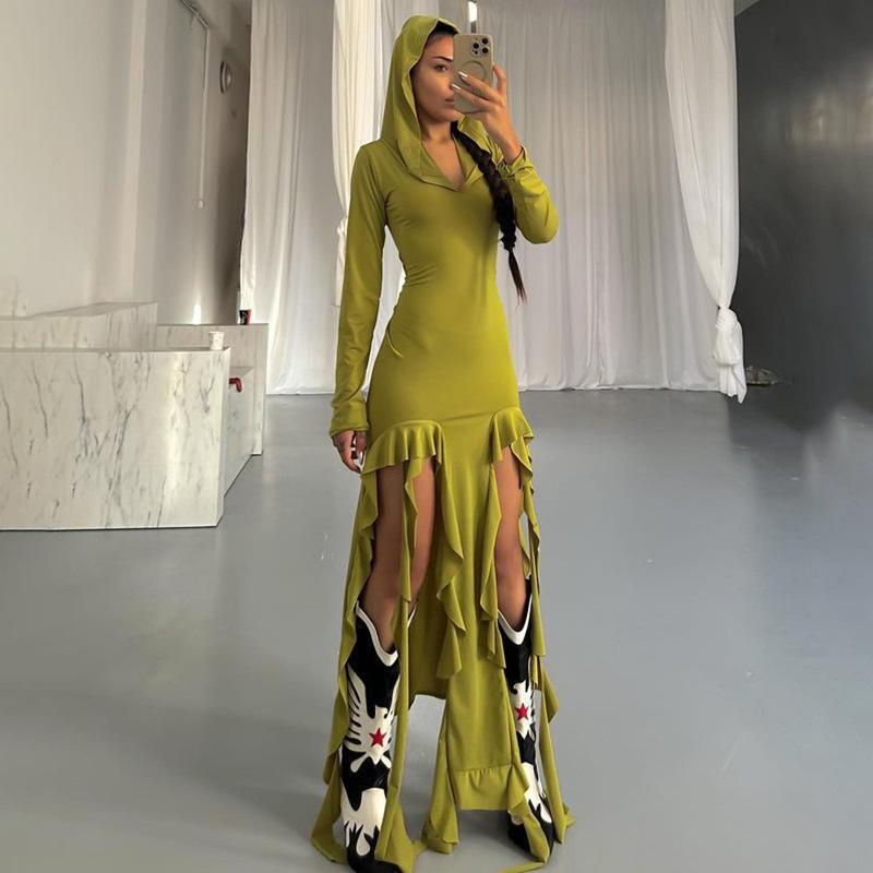 Damen Langarm Maxikleid mit Kapuze und Rüschendetails R&B