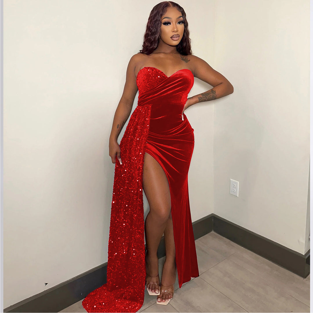 Damen Glamouröses Abendkleid mit schimmerndem Satin und hohem Schlitz R&B