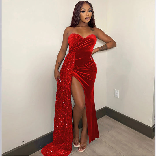Damen Glamouröses Abendkleid mit schimmerndem Satin und hohem Schlitz R&B