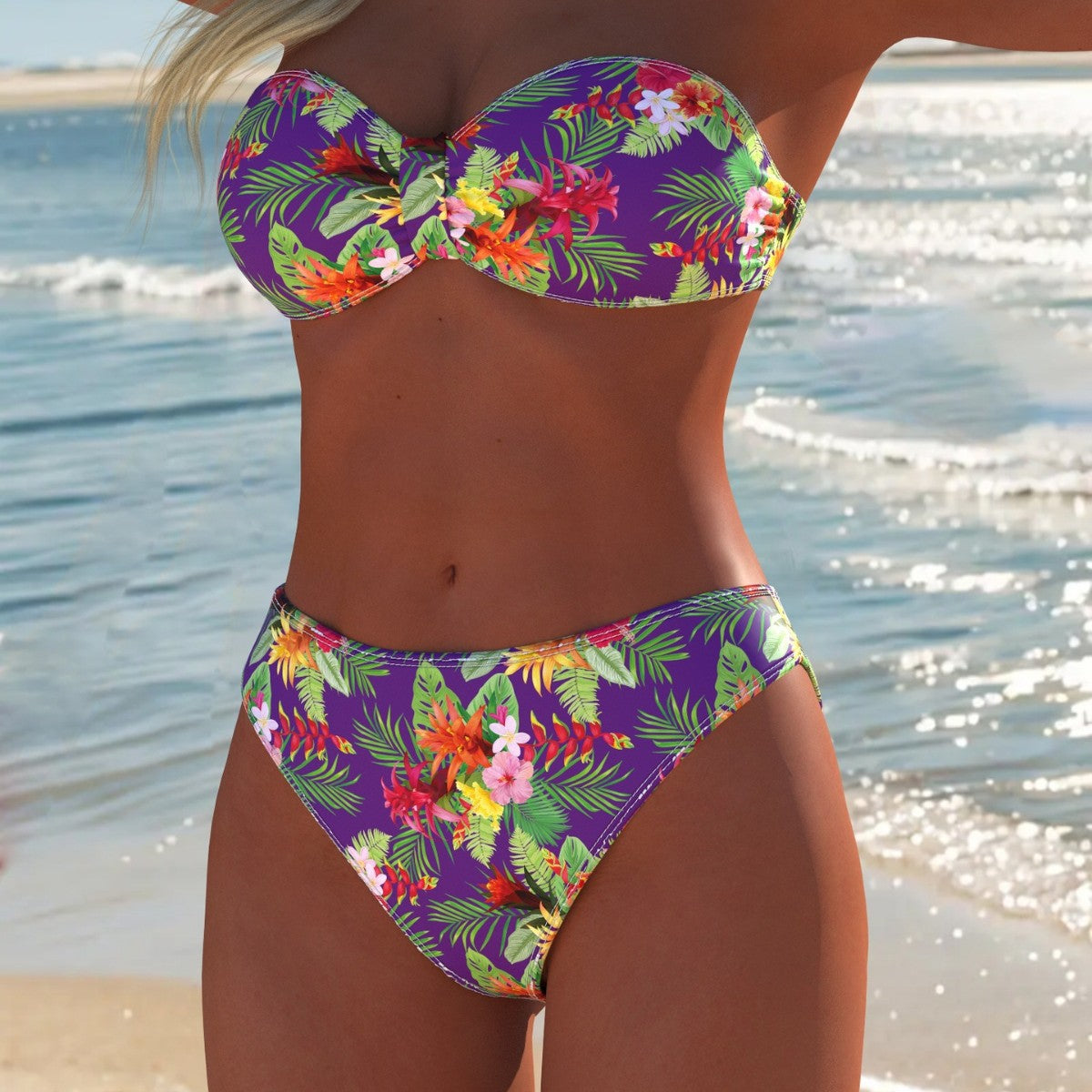 Damen Bandeau-Bikini-Set mit floralem Design und hohem Taillenbund R&B