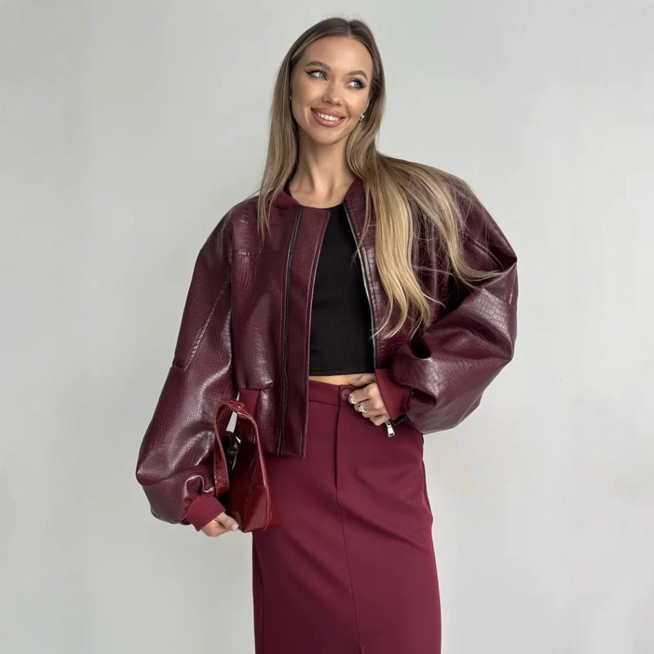 Damen trendige cropped Kunstlederjacke mit voluminösen Ärmeln R&B