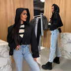 Damen Modische Jacke mit Kapuze und doppelter Knopfleiste R&B