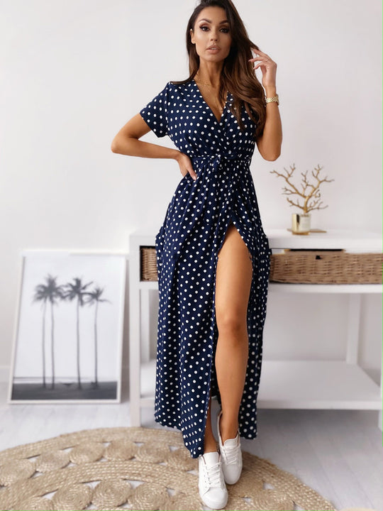 Damen Maxikleid mit Polka-Dots und verstellbarem Taillengürtel R&B