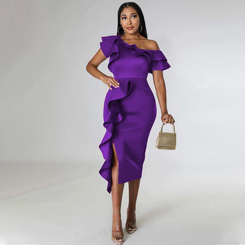 Damen Elegantes Etuikleid mit asymmetrischem Rüschendesign R&B