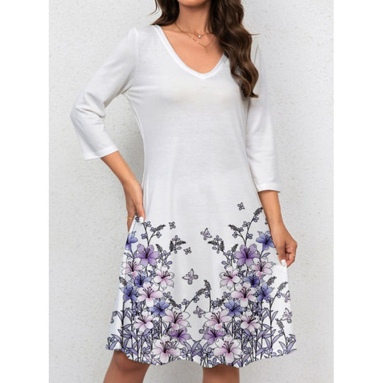 Damen V-Ausschnitt Sommerkleid mit floralem Aquarell-Design und ¾-Ärmeln R&B