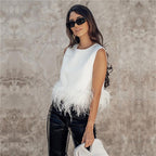 Damen Elegantes Top mit Federn und Rundhalsausschnitt R&B