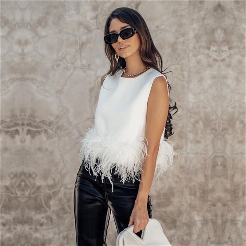 Damen Elegantes Top mit Federn und Rundhalsausschnitt R&B