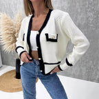 Damen Elegante Strickjacke mit Perlenknöpfen und Kontrastdetails