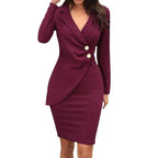 Damen elegantes Wickelkleid mit tiefem V-Ausschnitt und Knopfdetails R&B