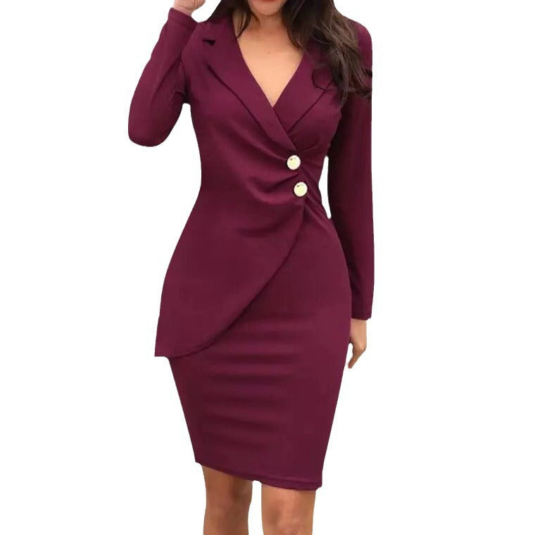 Damen elegantes Wickelkleid mit tiefem V-Ausschnitt und Knopfdetails R&B