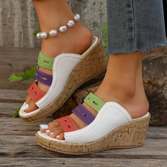 Damen modische Wedge-Pantoletten mit farbigen Trägern und komfortabler Sohle R&B