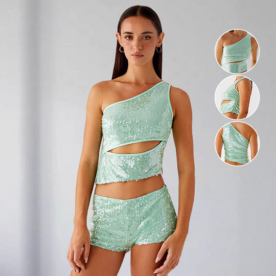 Damen Glitzernder Top und Shorts Set R&B