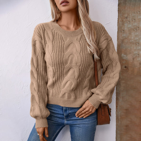 Damen grob gestrickter Pullover mit voluminösen Ärmeln und Zopfmuster R&B