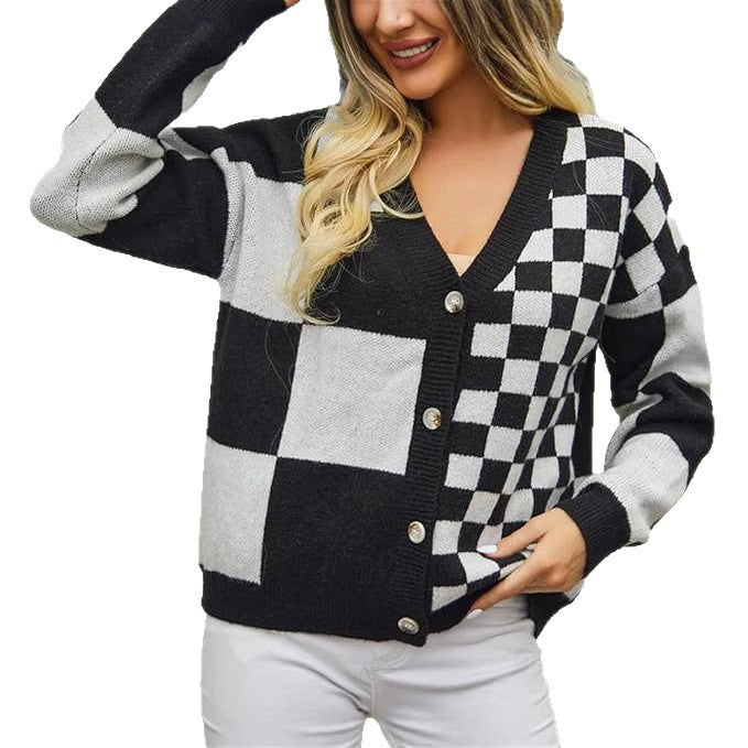 Damen modischer V-Ausschnitt Cardigan mit Karomuster R&B