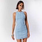 Damen figurbetontes Denim-Kleid mit Seitenschlitzen und hohem Kragen R&B