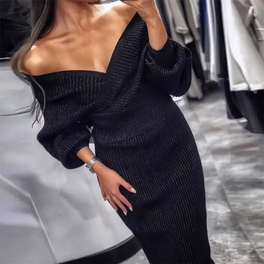 Damen Strickkleid mit tiefem V-Ausschnitt und schulterfreien Ärmeln R&B