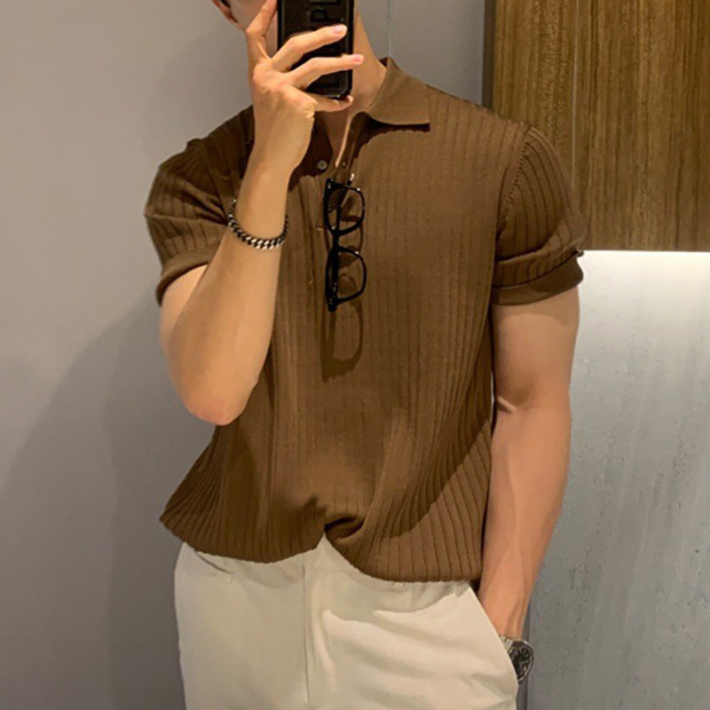 Herren nan schmal geschnittenes geripptes Poloshirt aus Feinstrick mit Kurzarm und Polokragen R&B