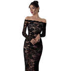 Damen Elegantes Spitzenkleid mit off-shoulder Design und langen Ärmeln R&B