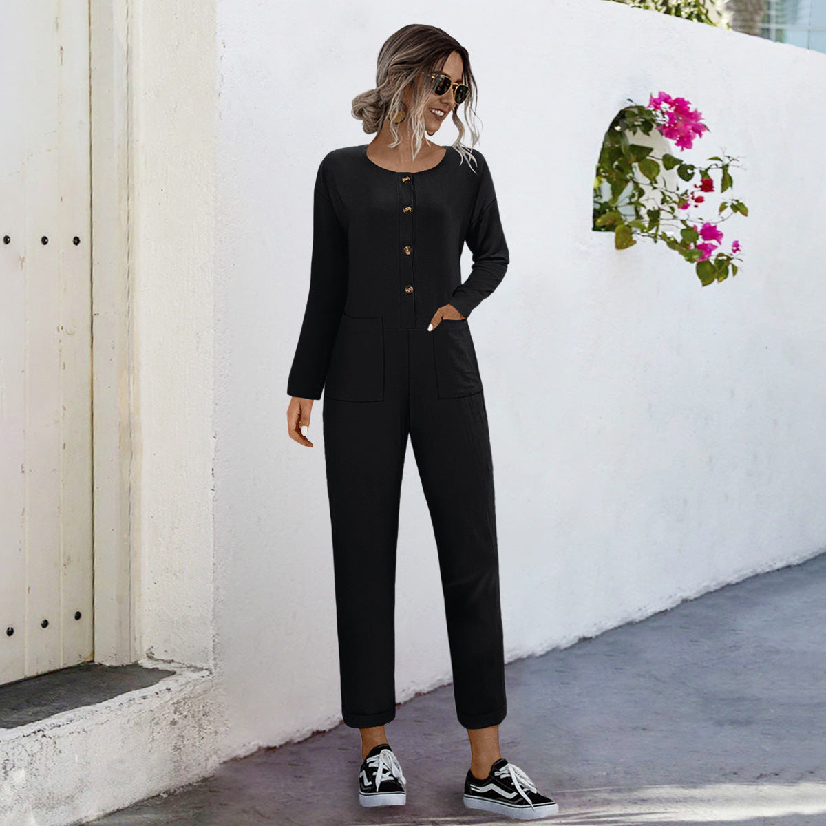 Damen lässiger Jumpsuit mit praktischen Taschen und elegantem Knopfdesign R&B