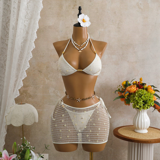 Damen Triangel-Bikini mit transparentem Überrock und funkelnden Details R&B
