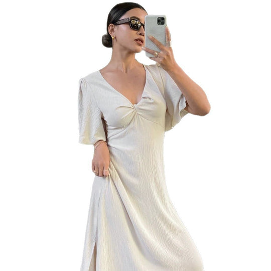Damen Maxikleid mit fließenden Ärmeln und V-Ausschnitt R&B