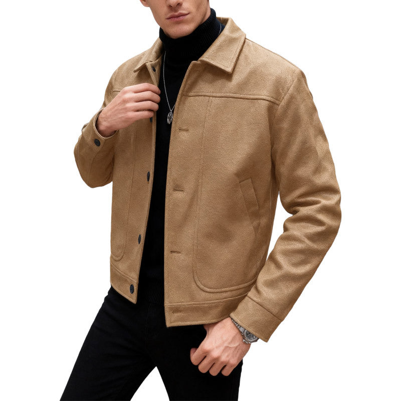 Herren nan moderner Trucker-Overshirt aus Velourslederimitat mit Ziernähten und aufgesetzten Taschen R&B