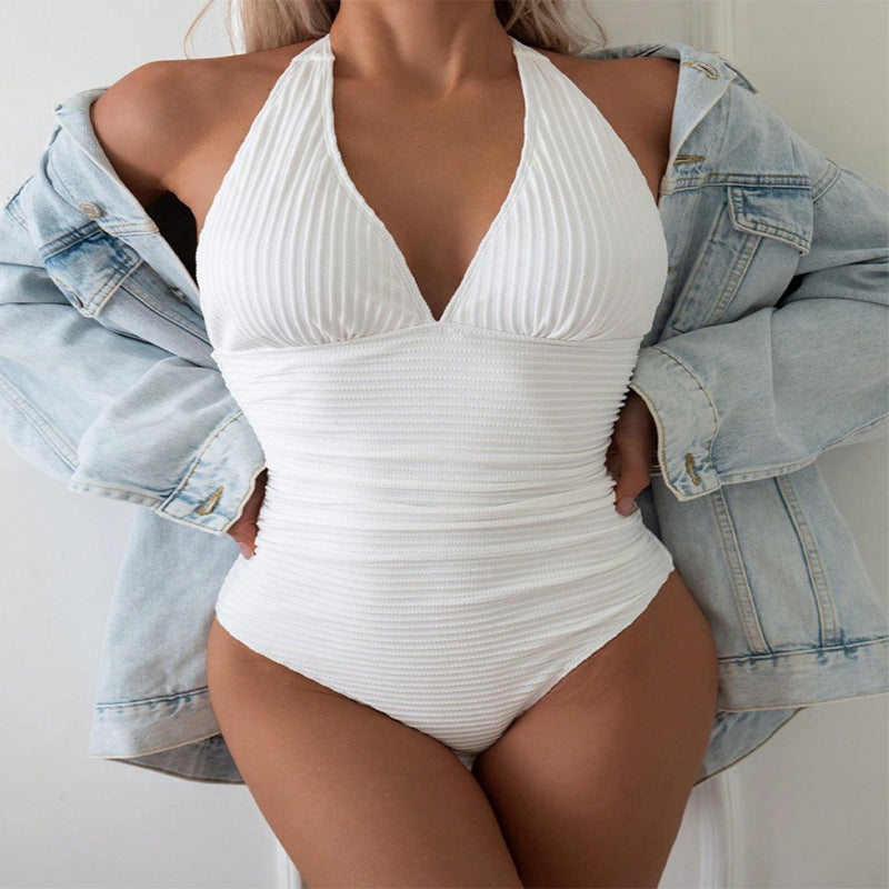 Damen Einteiliger Badeanzug mit gerafftem Design und tiefem V-Ausschnitt R&B
