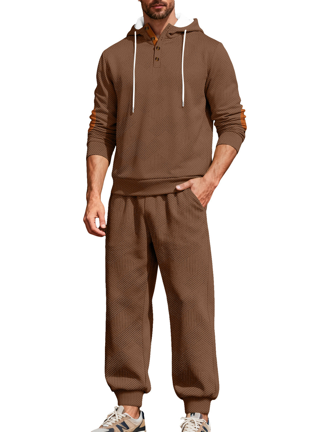 Herren nan strukturiertes Kapuzen-Joggingset mit Henley-Knopfleiste und Kontrast-Ellenbogenpatches R&B
