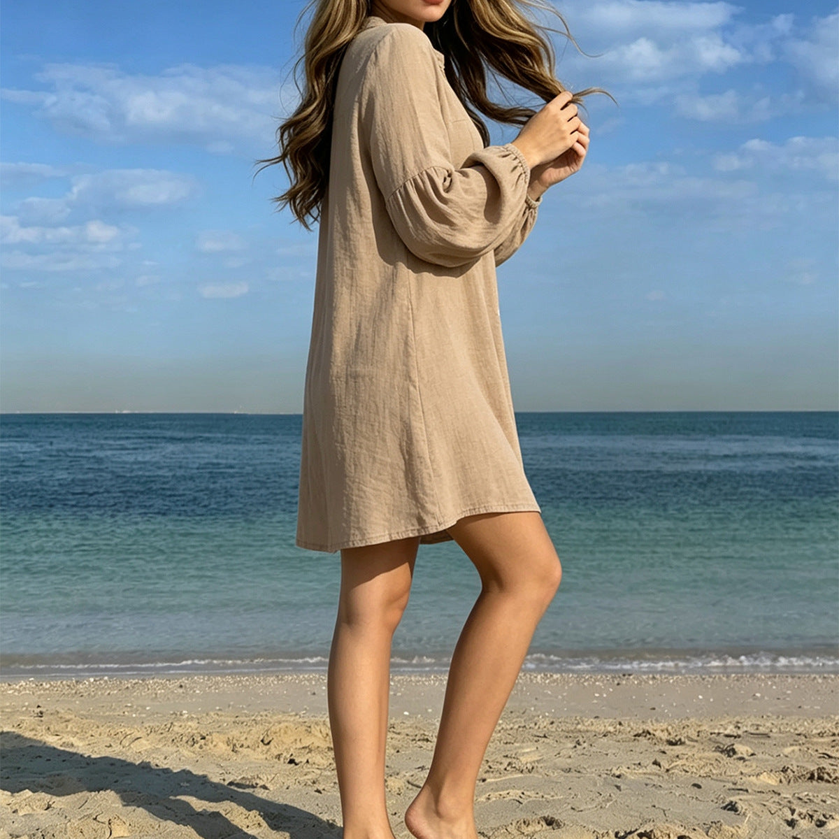 Damen lässiges Strandhemdkleid mit Knopfleiste und ballonförmigen Ärmeln R&B