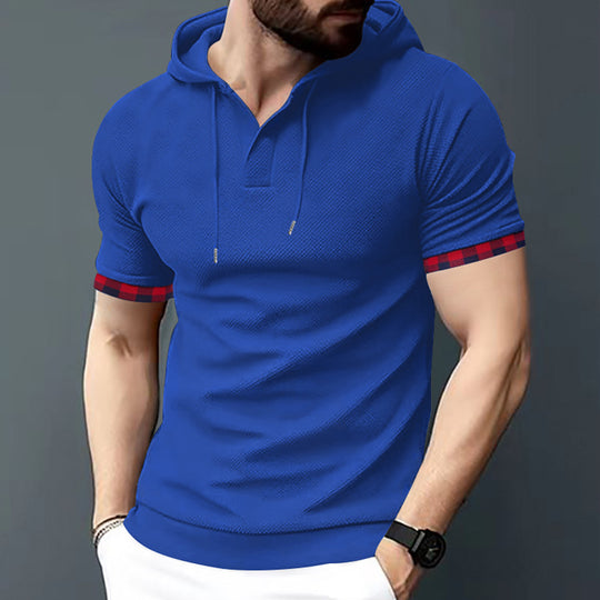 Herren nan figurbetontes Kurzarm-Kapuzenpoloshirt mit Henley-Blende und Kordelzug R&B