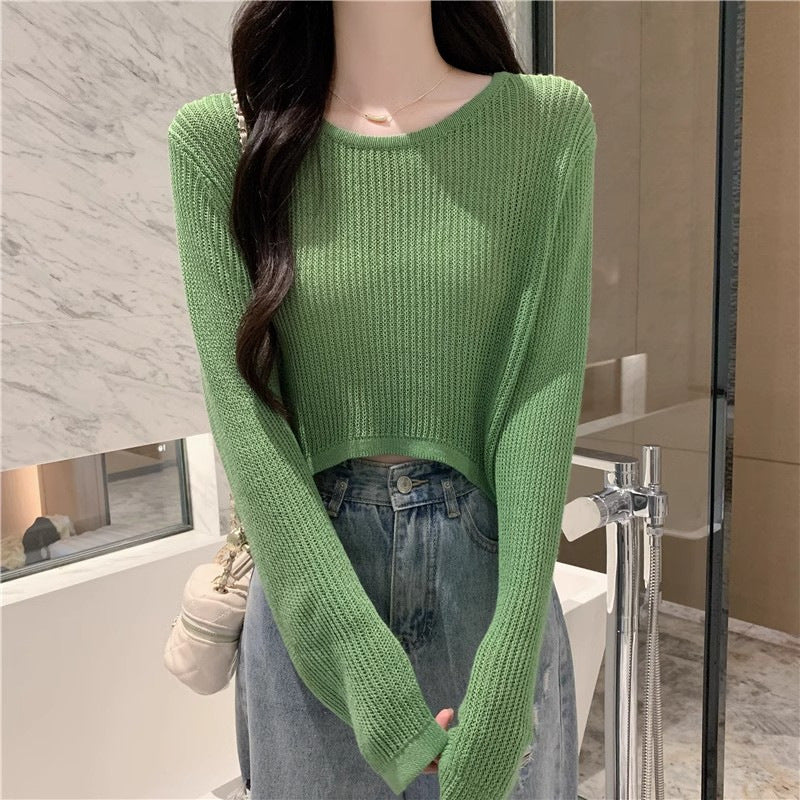 Damen Cropped Strickpullover mit feinem Gewebemuster und lässigen Schulterpartien