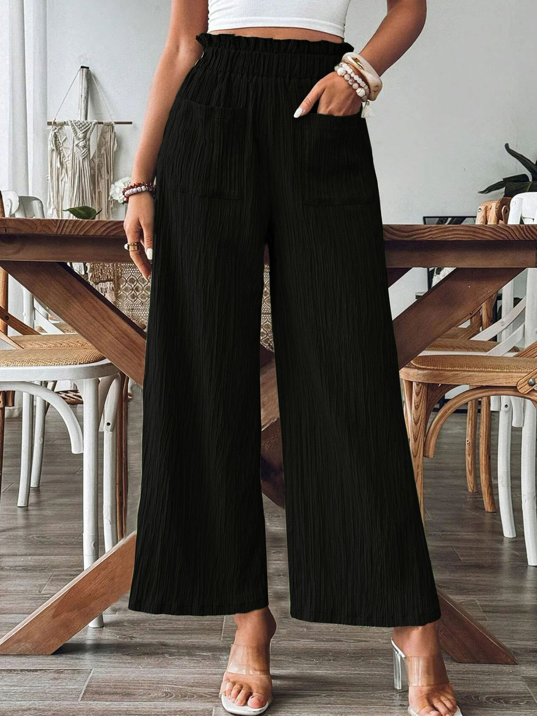 Damen Weitgeschnittene Leinenhose mit elastischem Bund und praktischen Taschen R&B