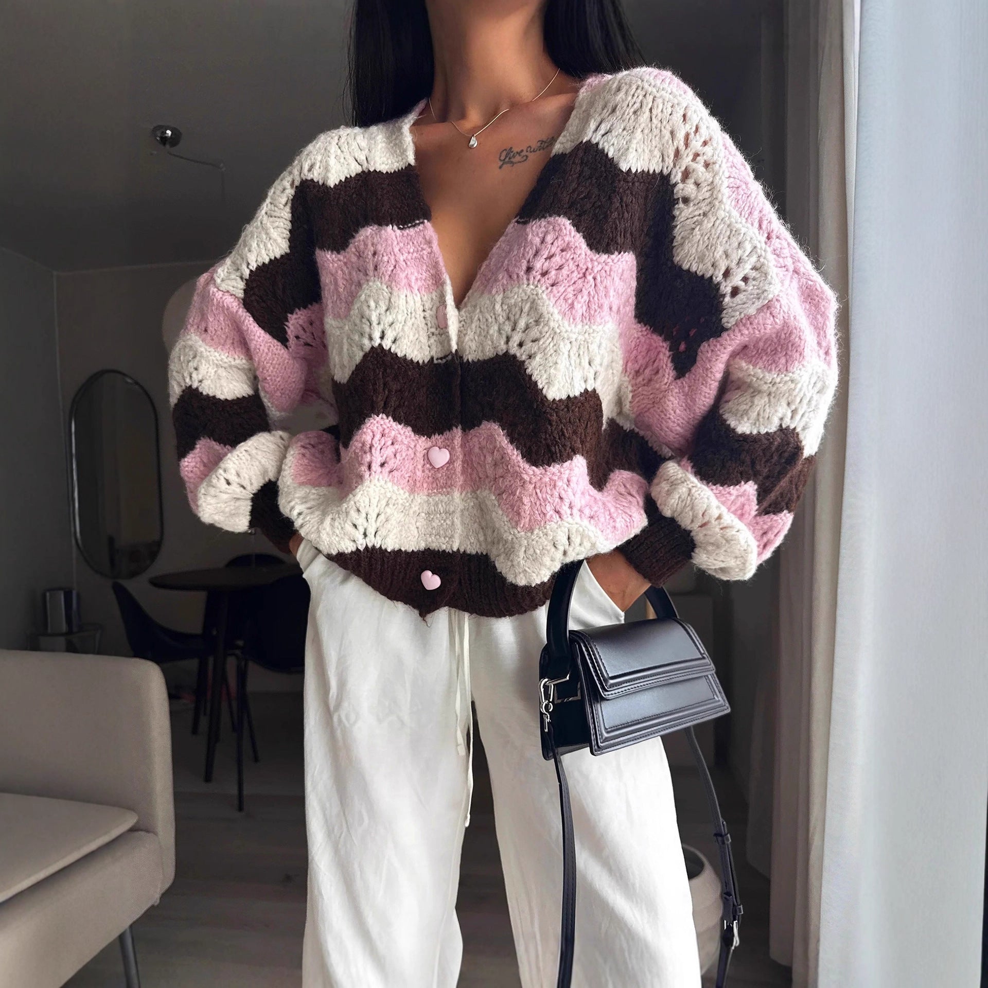 Damen gemütlicher Strickcardigan mit Wellenmuster R&B