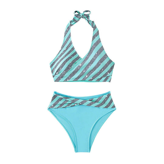 Damen Hoch geschnittener Bikini mit glitzerndem Streifen-Design R&B