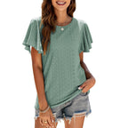 Damen T-Shirt mit eleganten Volantärmeln und durchbrochenem Design R&B