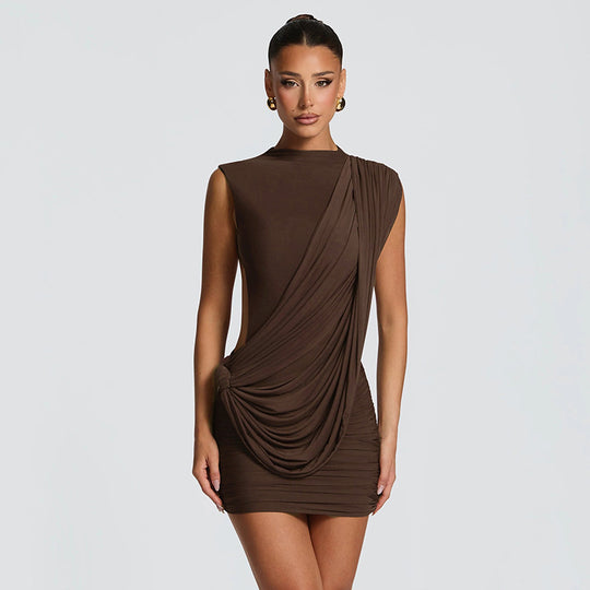 Damen figurbetontes Minikleid mit drapierter Schulterpartie und Raffungen R&B