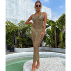 Damen elegantes Netzkleid mit tiefem V-Ausschnitt und figurbetonter Silhouette R&B