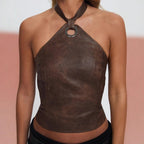 Damen Oberteil aus hochwertigem Kunstleder mit raffiniertem Halter-Design R&B