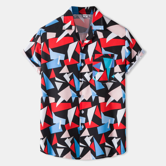 Herren Kurzarmhemd mit kreativem geometrischem Grafikdesign und praktischen Brusttaschen R&B