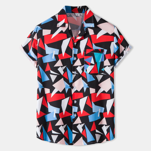 Herren Kurzarmhemd mit kreativem geometrischem Grafikdesign und praktischen Brusttaschen R&B