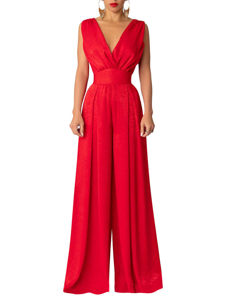 Damen Jumpsuit mit tiefem V-Ausschnitt und weit geschnittenem Bein R&B