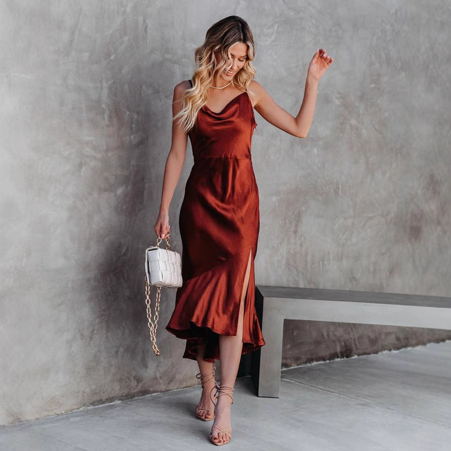 Damen Satin-Midikleid mit elegantem Wasserfall-Ausschnitt und schwingendem Saum R&B