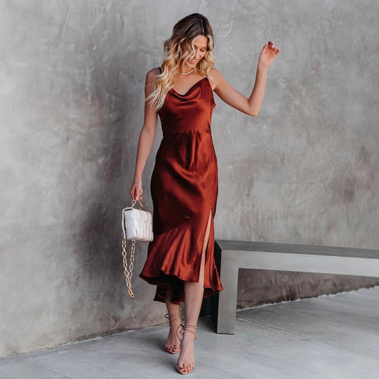 Damen Satin-Midikleid mit elegantem Wasserfall-Ausschnitt und schwingendem Saum R&B