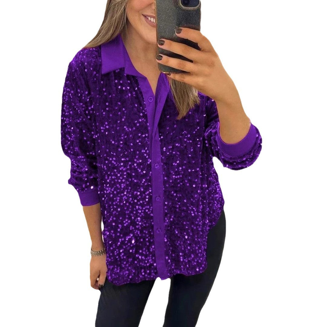 Damen Glitzernde Bluse aus Pailletten mit klassischem Kragen R&B