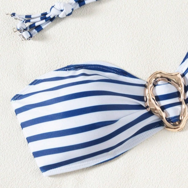 Damen Bandeau-Bikini mit modischen Streifen und elegantem Ringdetail R&B