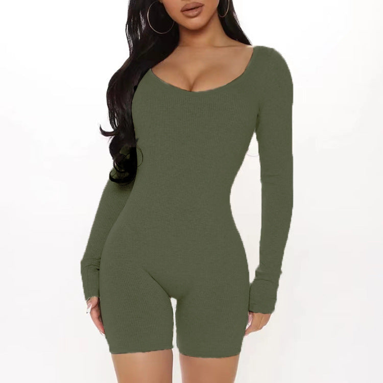 Damen Figurbetonter Jumpsuit mit langen Ärmeln und V-Ausschnitt R&B