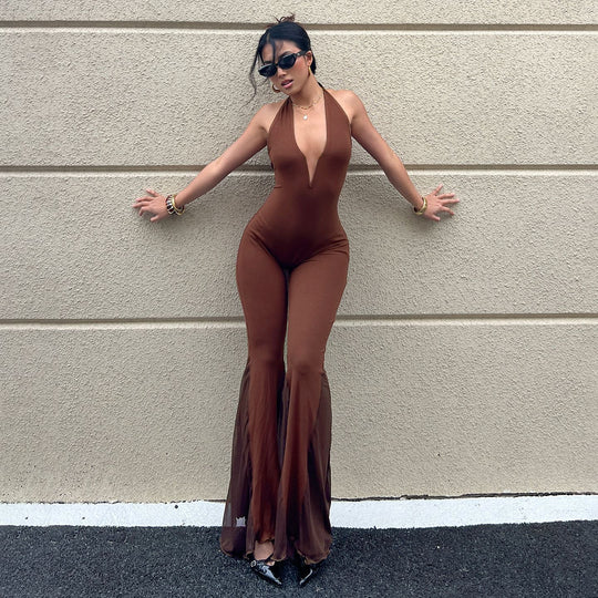 Damen Flared Jumpsuit mit tiefem V-Ausschnitt und transparenten Rüschen R&B