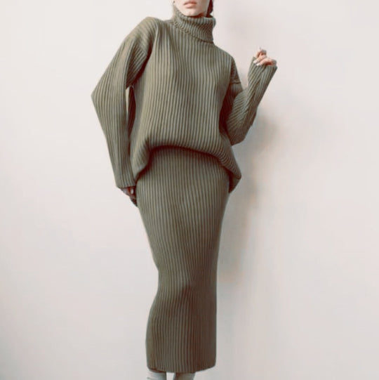 Damen Strickset mit hohem Kragen und weichem Rippdesign R&B